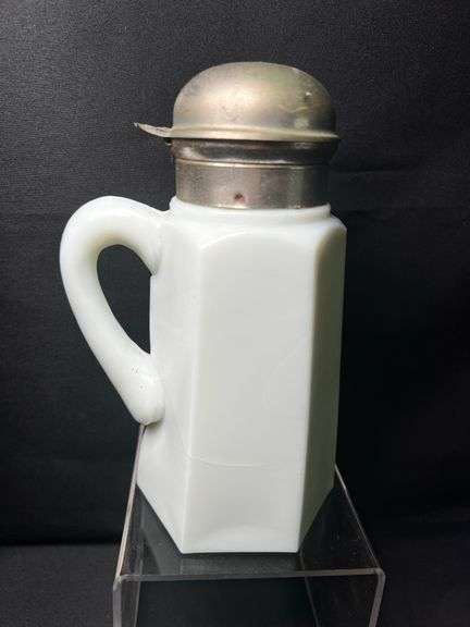 Antique slag glass 6 sided syrup pitcher with snap metal lid