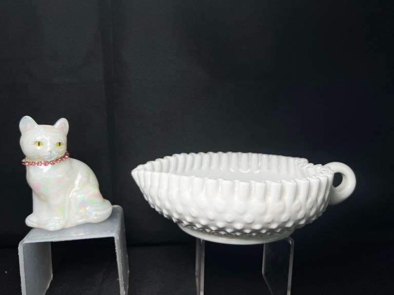 Signed Fenton cat and Fenton milk glass candy dish