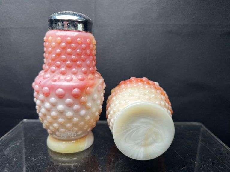 Set of pink/peach hobnail salt and pepper shakers