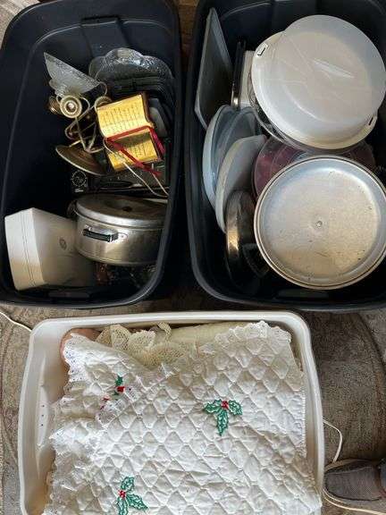 3 totes of linens and decor