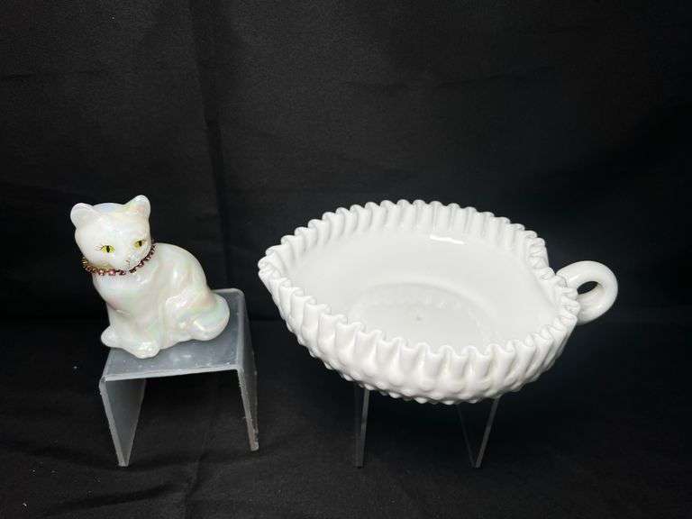 Signed Fenton cat and Fenton milk glass candy dish