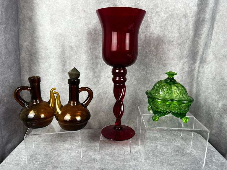 Uranium candy dish Ruby Red hurricane glass candle holder, small blown amber pitchers