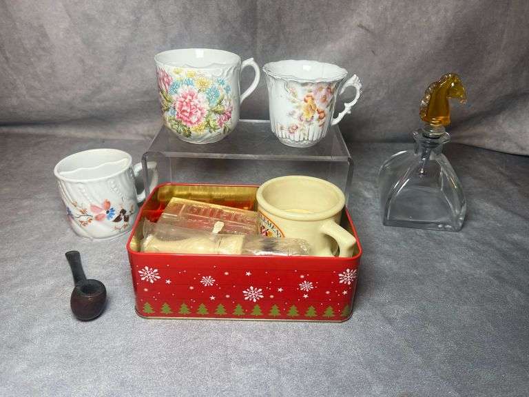 Mustache mugs, small tobacco pipe and more