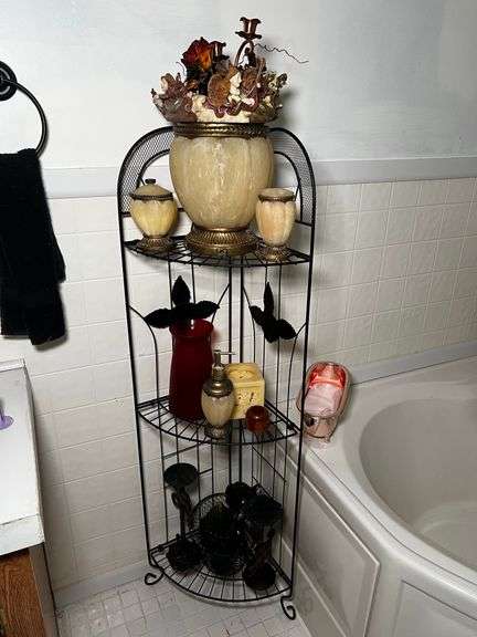 Metal corner shelf and contents