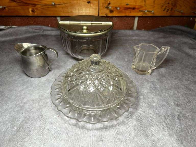 Glass butter dish, pitchers and more