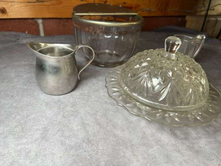 Glass butter dish, pitchers and more