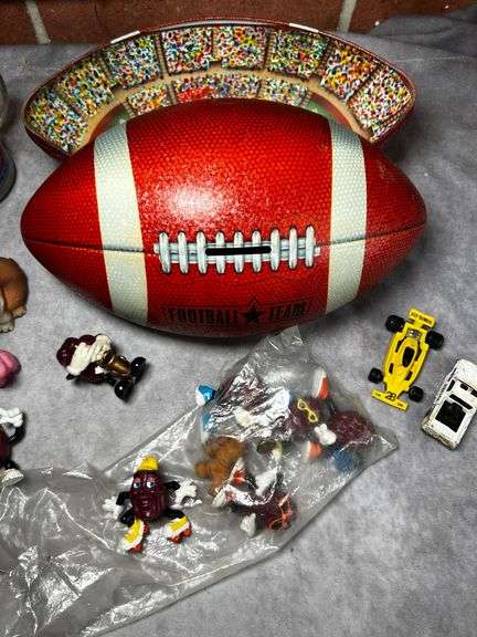 California raisins, metal football coin bank and more