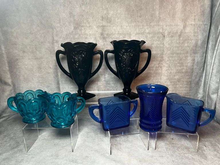 L.E. Smith black amethyst loving cup vases, blue moon and stars and cobalt set