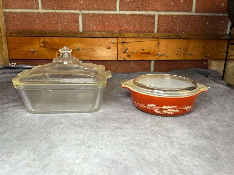 Vintage Pyrex square dish and wheat dish