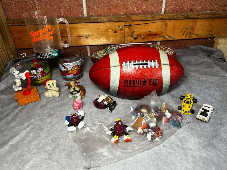 California raisins, metal football coin bank and more