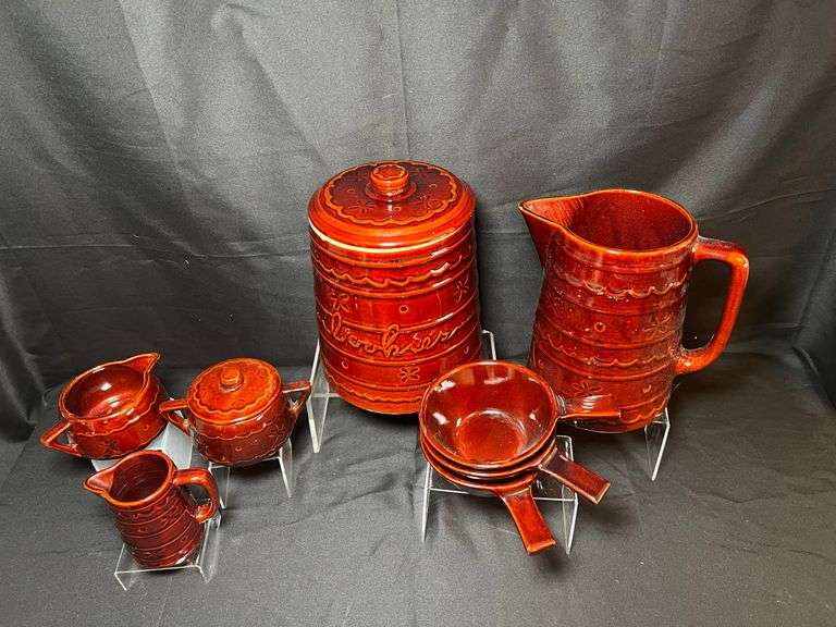 Vintage brown stone pitcher, cookie jar and more