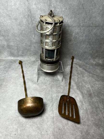 Koehler lantern and vintage brass kitchen utensils