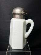 Antique slag glass 6 sided syrup pitcher with snap metal lid