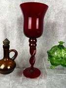 Uranium candy dish Ruby Red hurricane glass candle holder, small blown amber pitchers