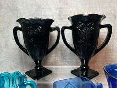L.E. Smith black amethyst loving cup vases, blue moon and stars and cobalt set