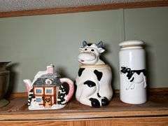 Cow cookie jar, wooden basket and more