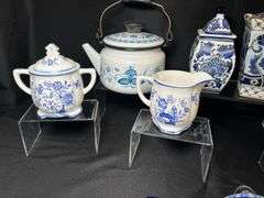 Assorted blue and white pattern ceramic and porcelain items
