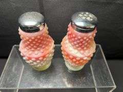 Set of pink/peach hobnail salt and pepper shakers