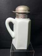 Antique slag glass 6 sided syrup pitcher with snap metal lid