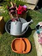 Water can, galvanized bucket and garden decor