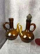 Uranium candy dish Ruby Red hurricane glass candle holder, small blown amber pitchers