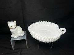 Signed Fenton cat and Fenton milk glass candy dish