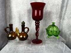Uranium candy dish Ruby Red hurricane glass candle holder, small blown amber pitchers