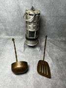 Koehler lantern and vintage brass kitchen utensils
