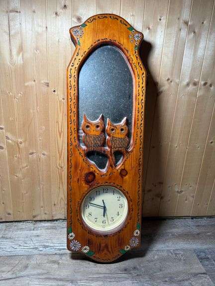 Roy's Woodcraft artisan owl clock/mirror