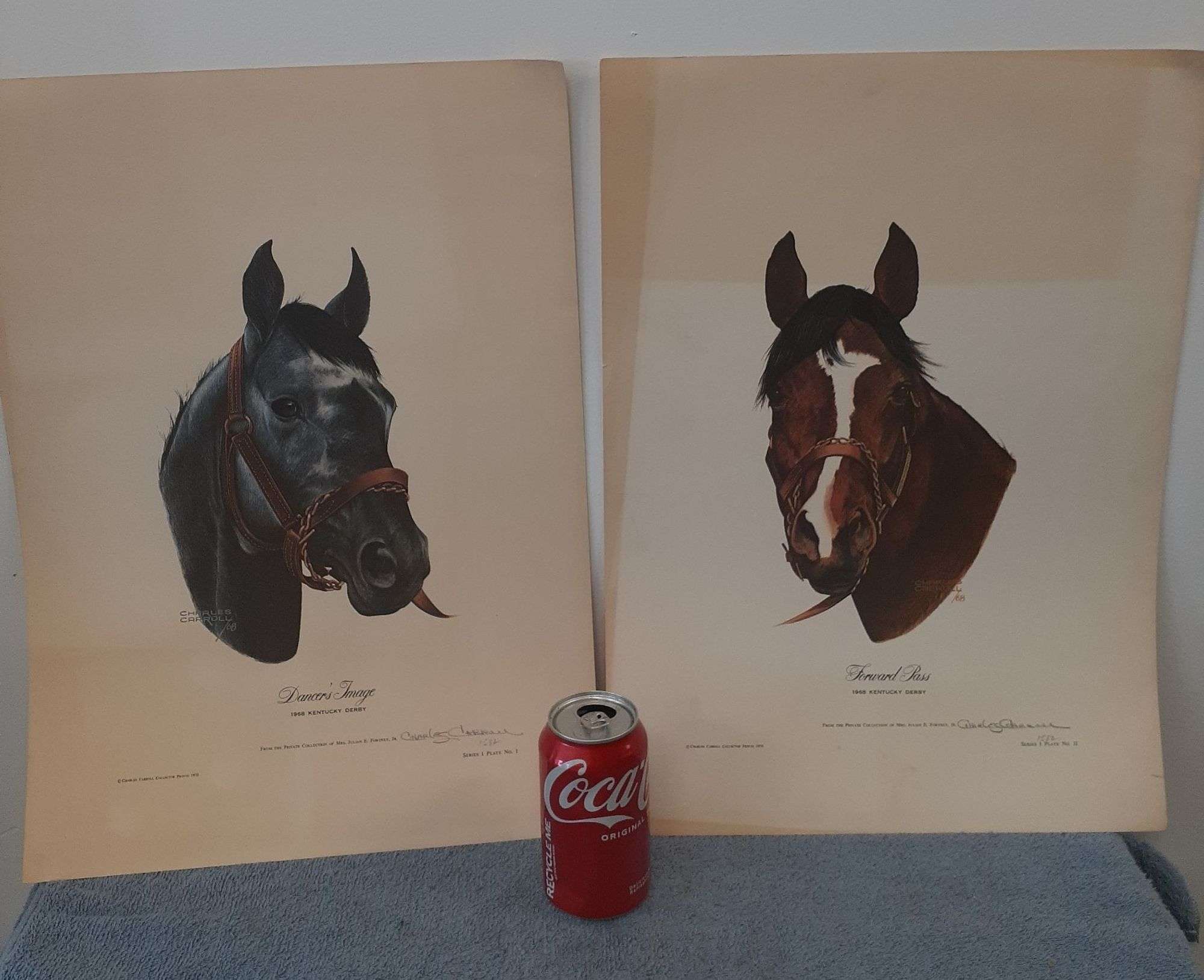 2 Signed Charles Carroll 1968 Kentucky Derby Horse Prints
