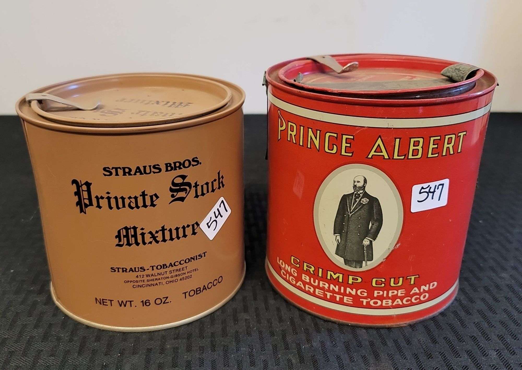 straus tobacco Two tobacco tins, Prince Albert and Straus Brothers