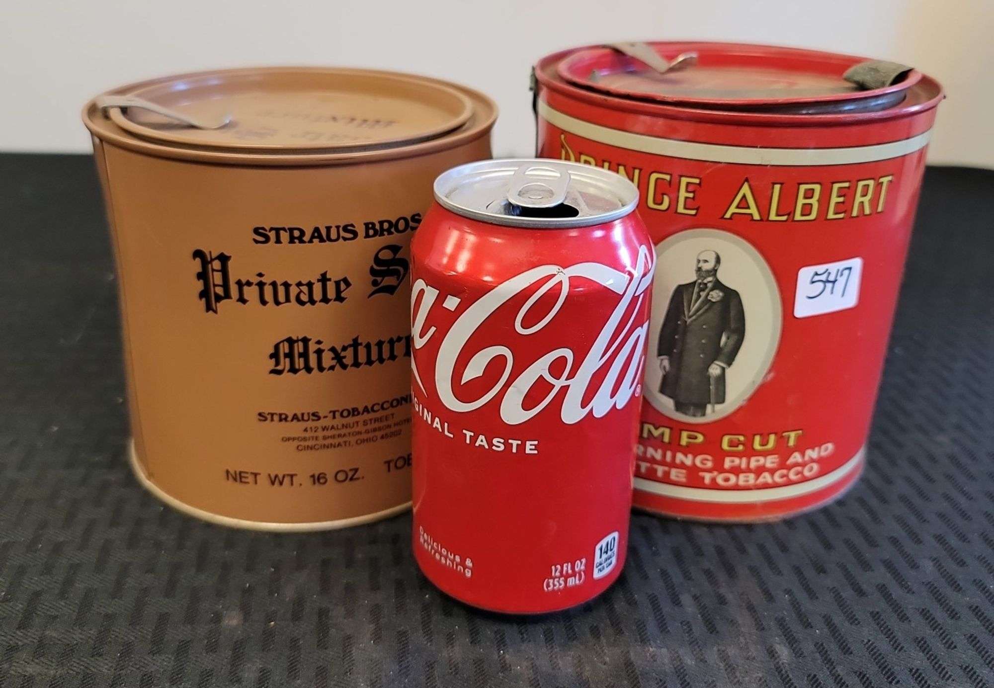 straus pipe tobacco Two tobacco tins, Prince Albert and Straus Brothers