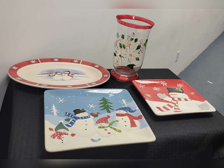 Snowman Serving Platters  and Vase - 2 Square Pieces Marked St Nicholas Square