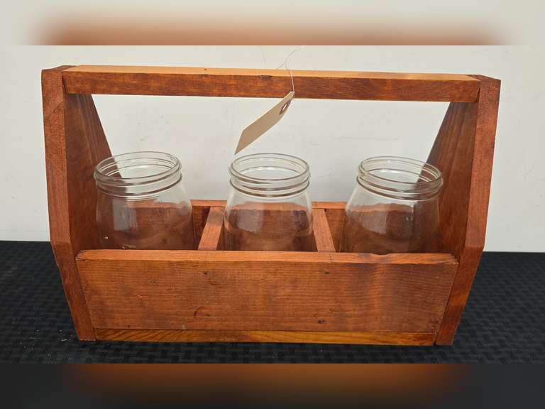 Wood carrier with 3 glass jars