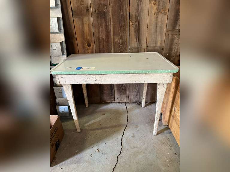 Vintage wood table with enamel top. See tag for dimensions. Northern
