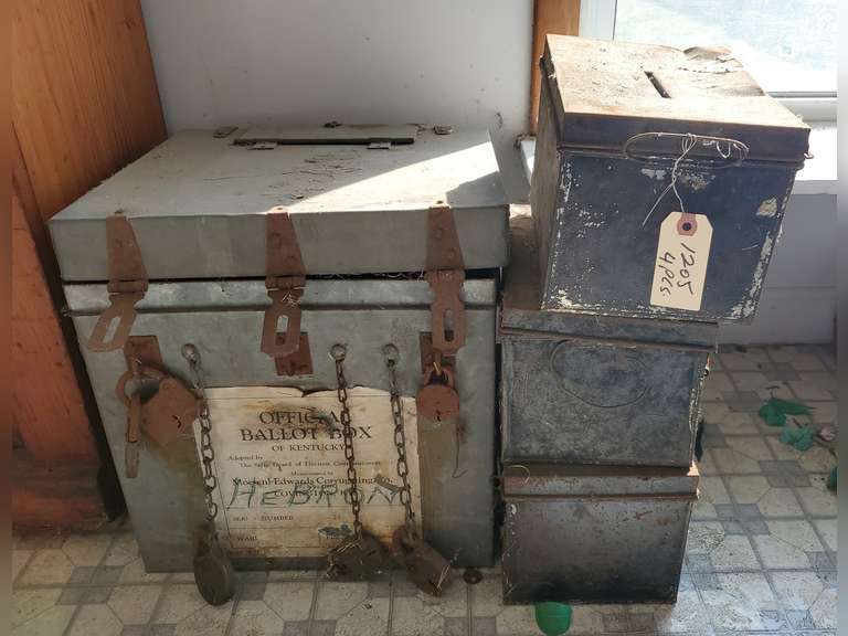 Official ballot box of kentucky metal and 3 small metal boxes