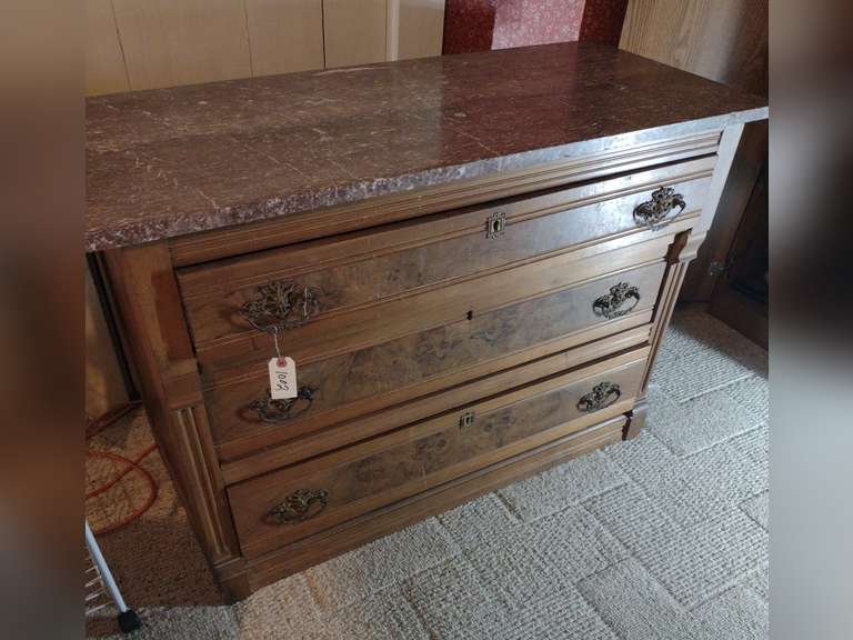 Antique Marble top 3 drawer chest, approximately 20" X 46" X 29". Top