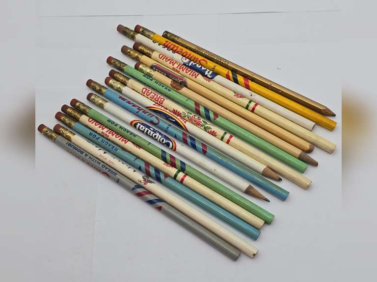 Sixteen bread advertising lead pencils, Sunbeam, Bond, Miami Maid, Colonial, Rainbow & Renz's Gold.
