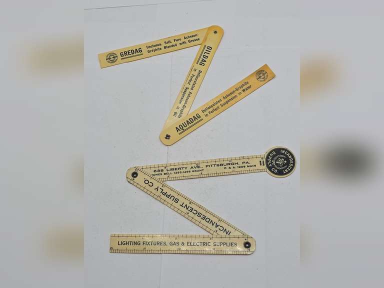 Six folding celluloid advertising rulers, Manufacturers & Suppliers, PA, OH, TN, W.VA & IL, various products.