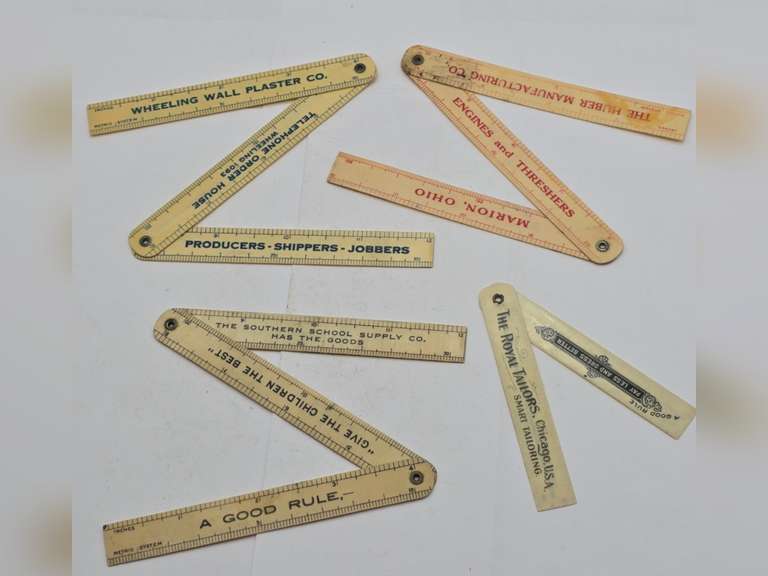 Six folding celluloid advertising rulers, Manufacturers & Suppliers, PA, OH, TN, W.VA & IL, various products.