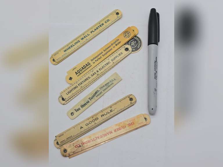Six folding celluloid advertising rulers, Manufacturers & Suppliers, PA, OH, TN, W.VA & IL, various products.