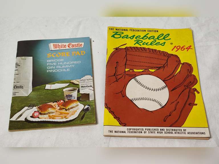 1970s White Castle Bridge score book and 1964 baseball rule book