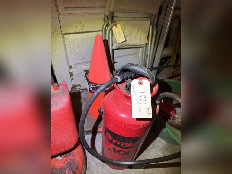 3 Gallon metal tank sprayer and safety cones