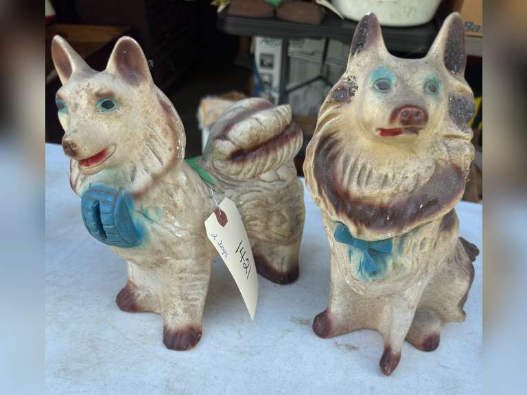 Chalk ware dogs, one is a bank