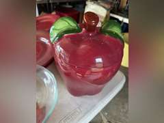 Stoneware plates, apple cookie jar, compote.
