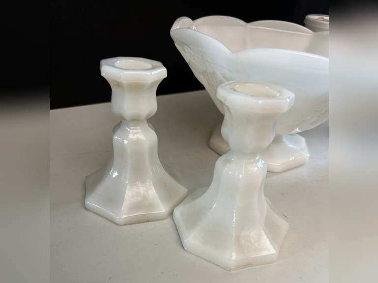 Milk Glass candlestick holders, candy dish with lid and Anchor Hocking Milk Glass bowl.