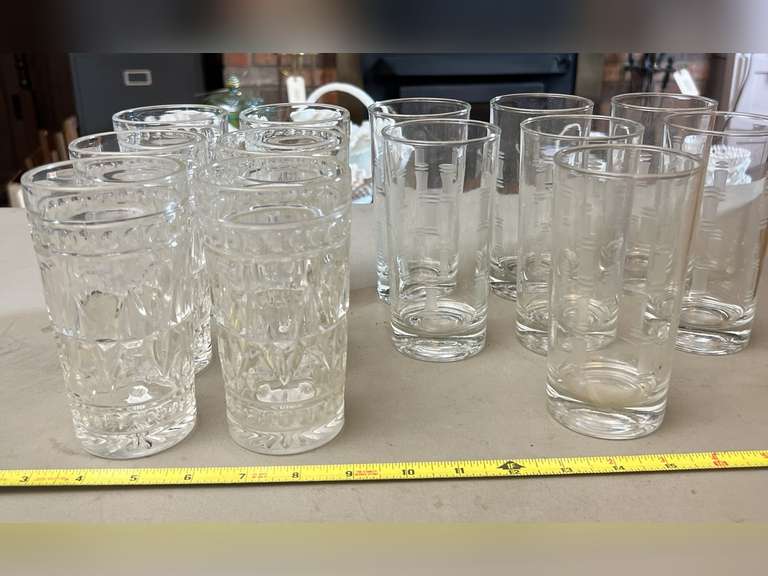 13 Drinking glasses, 2 different patterns.