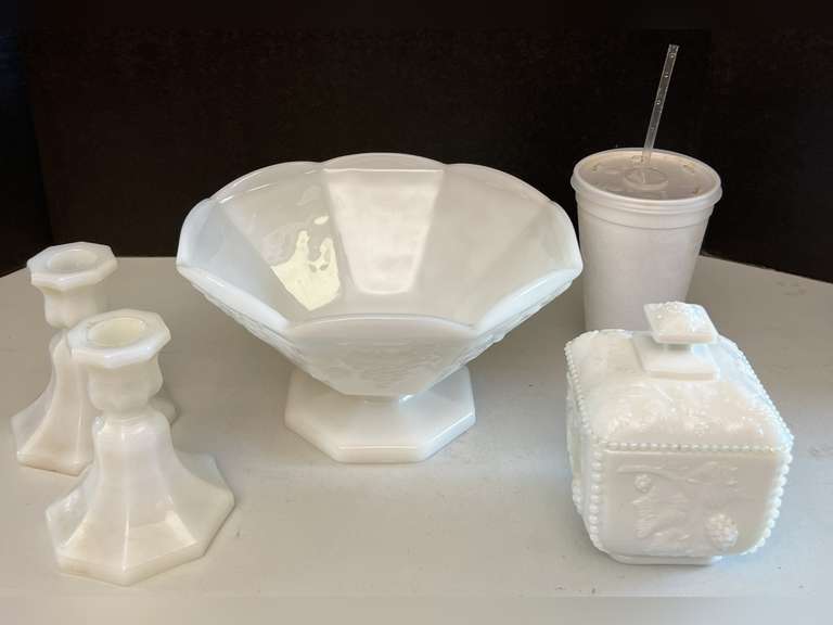 Milk Glass candlestick holders, candy dish with lid and Anchor Hocking Milk Glass bowl.