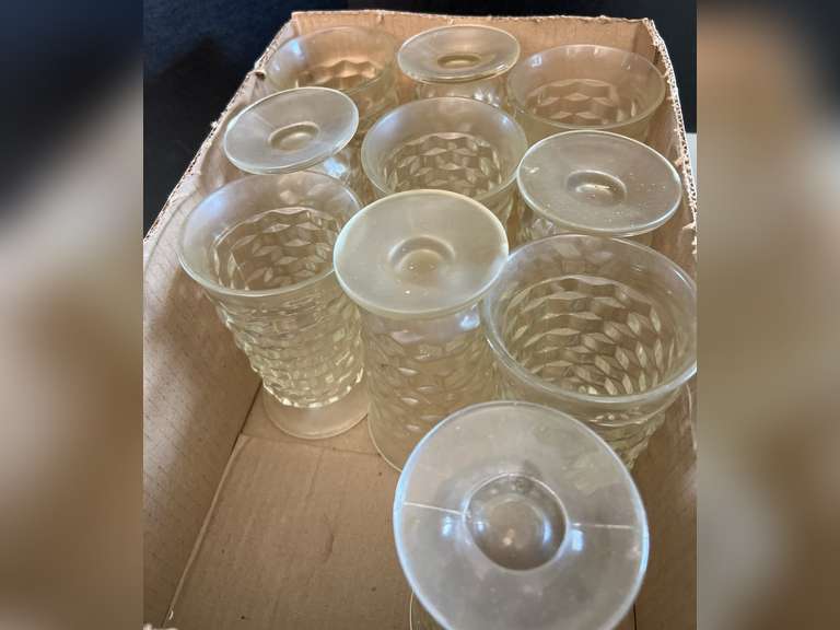 Very heavy glass pitcher with 12 matching stemmed glasses.