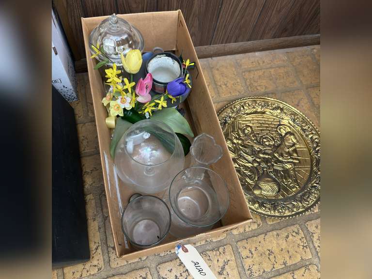 Box of vases and a metal wall medallion